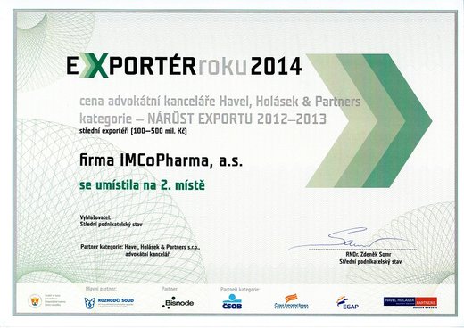 IMCoPharma reached 2nd place at competition „Exporter of the year 2013“